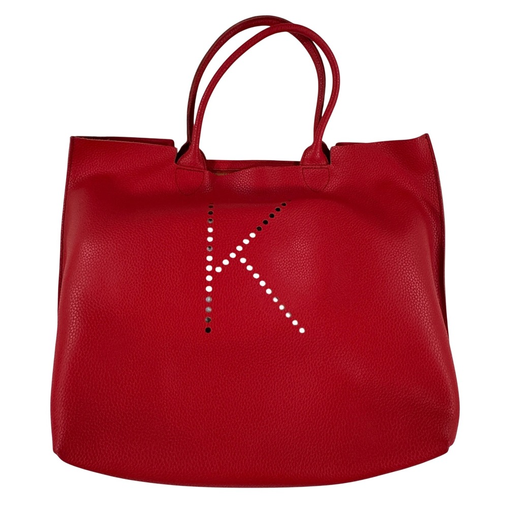 Mark and Graham Red Pebbled Leather Slouchy Tote Monogram K Handbag